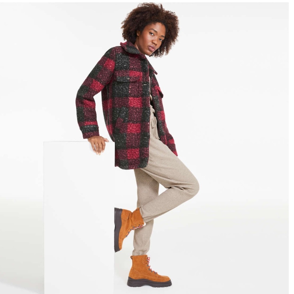Joe Fresh Buffalo Plaid Boucle Textured Knit Button Down Flap Pocket Jacket